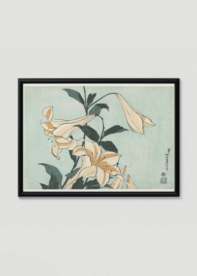 Plakat w drewnianej czarnej ramce: Lilie Katsushika Hokusai japoński ukiyo-e botaniczny