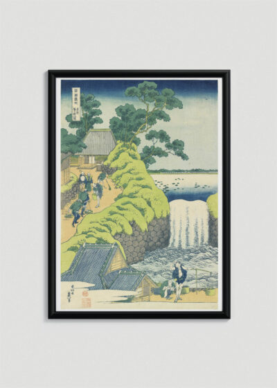 Plakat w drewnianej czarnej ramce: wodospad Hokusai widoki góry Fuji japońskie ukiyo-e