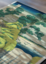 Zbliżenie na detale plakatu: wodospad Hokusai widoki góry Fuji japońskie ukiyo-e