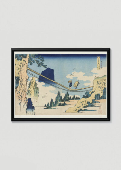Plakat w drewnianej czarnej ramce: Most linowy Hida Katsushika Hokusai ukiyo-e japoński