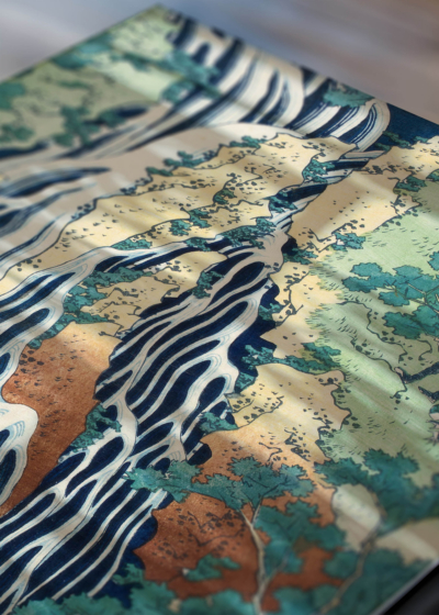 Zbliżenie na detale plakatu: Wodospad Kirifuri Katsushika Hokusai ukiyo-e