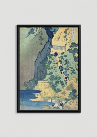 Plakat w drewnianej czarnej ramce: Wodospad Kiyotaki Hokusai ukiyo-e japoński drzeworyt