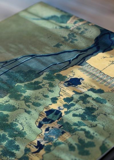 Zbliżenie na detale plakatu: Wodospad Kiyotaki Hokusai ukiyo-e japoński drzeworyt