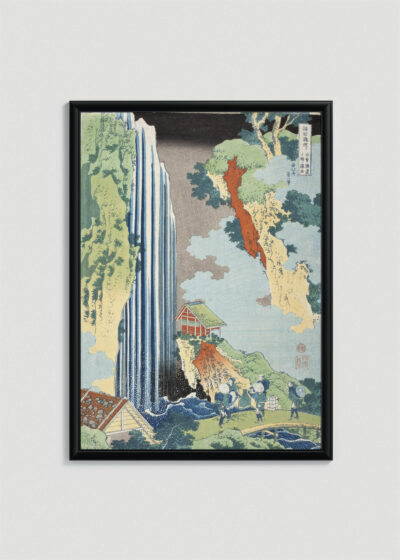Plakat w drewnianej czarnej ramce: Ono no Takamura wodospad Katsushika Hokusai