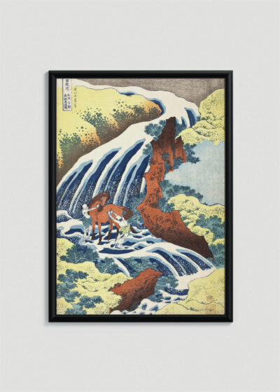 Plakat w drewnianej czarnej ramce: Wodospad Yoshitsune Katsushika Hokusai ukiyo-e