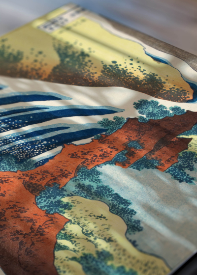 Zbliżenie na detale plakatu: Wodospad Yoshitsune Katsushika Hokusai ukiyo-e