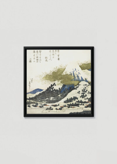 Plakat w drewnianej czarnej ramce: Góra Fuji z jeziora Ashi spowita chmurami Katsushika Hokusai