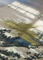 Zbliżenie na detale plakatu: Góra Fuji z jeziora Ashi spowita chmurami Katsushika Hokusai