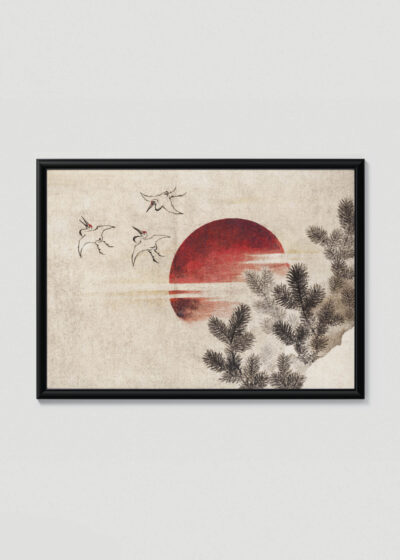 Plakat w drewnianej czarnej ramce: żurawie na tle czerwonego słońca Hokusai japoński