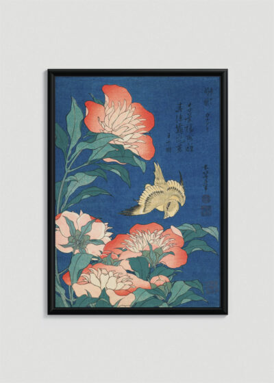 Plakat w drewnianej czarnej ramce: Piwonie i kanarek Katsushika Hokusai ukiyo-e