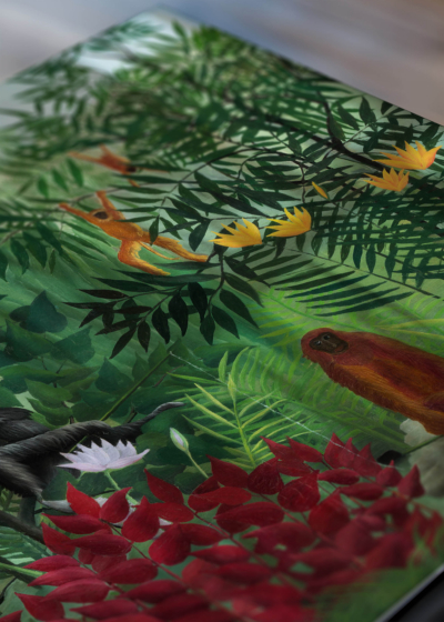 Zbliżenie na detale plakatu: Małpy w dżungli Henri Rousseau tropikalny naiwny