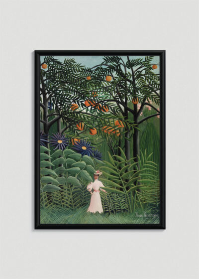 Plakat w drewnianej czarnej ramce: Henri Rousseau tropikalna dżungla kobieta w lesie