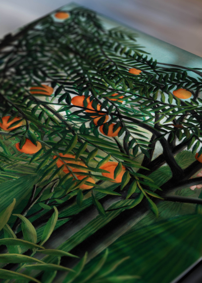Zbliżenie na detale plakatu: Henri Rousseau tropikalna dżungla kobieta w lesie