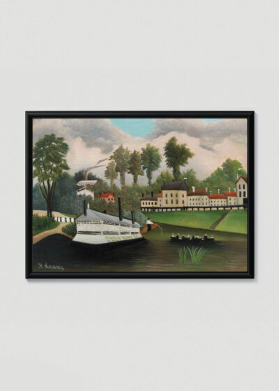 Plakat w drewnianej czarnej ramce: Grand bateau à vapeur Henri Rousseau parowiec rzeka