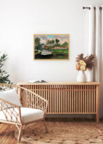 Aranżacja wnętrza, na ścianie wisi plakat w ramce: Grand bateau à vapeur Henri Rousseau parowiec rzeka