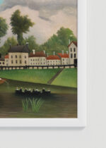 Zbliżenie na detale plakatu oprawionego w drewnianą białą ramkę od Plakatello®: Grand bateau à vapeur Henri Rousseau parowiec rzeka