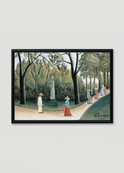 Plakat w drewnianej czarnej ramce: Henri Rousseau park spacerujące postacie sztuka naiwna