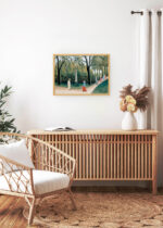 Aranżacja wnętrza, na ścianie wisi plakat w ramce: Henri Rousseau park spacerujące postacie sztuka naiwna
