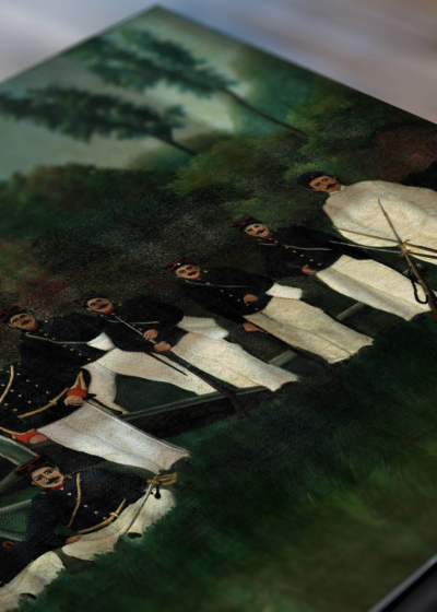 Zbliżenie na detale plakatu: Żołnierze artylerii Henri Rousseau vintage