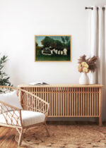 Aranżacja wnętrza, na ścianie wisi plakat w ramce: Żołnierze artylerii Henri Rousseau vintage