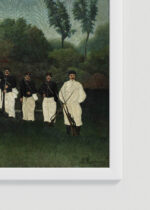 Zbliżenie na detale plakatu oprawionego w drewnianą białą ramkę od Plakatello®: Żołnierze artylerii Henri Rousseau vintage