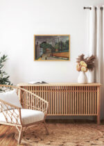 Aranżacja wnętrza, na ścianie wisi plakat w ramce: Henri Rousseau Widok na Malakoff, Hauts de Seine pejzaż vintage