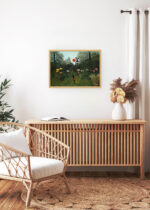 Aranżacja wnętrza, na ścianie wisi plakat w ramce: Negre attaque par un jaguar Henri Rousseau