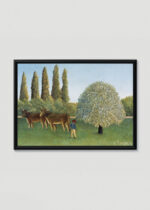 Plakat w drewnianej czarnej ramce: Łąka Henri Rousseau pejzaż wiejski z bydłem i pasterzem