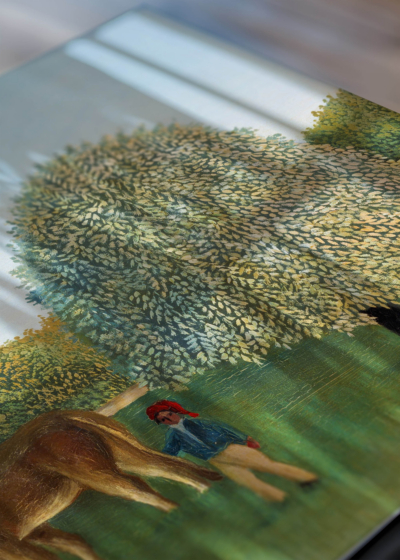 Zbliżenie na detale plakatu: Łąka Henri Rousseau pejzaż wiejski z bydłem i pasterzem