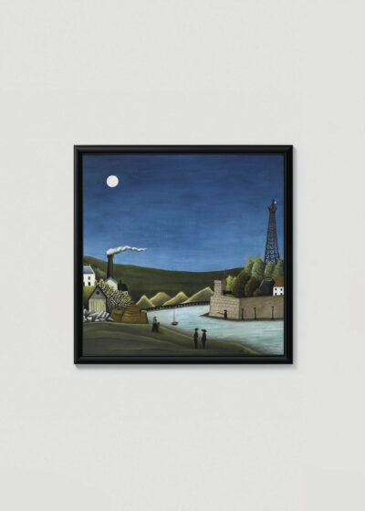 Plakat w drewnianej czarnej ramce: Sekwana w Suresnes Henri Rousseau nocny pejzaż z wieżą Eiffla