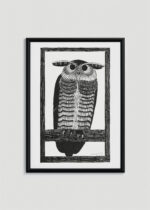 Plakat w drewnianej czarnej ramce: sowa drzeworyt Samuel Jessurun de Mesquita vintage