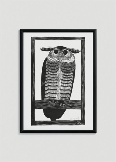 Plakat w drewnianej czarnej ramce: sowa drzeworyt Samuel Jessurun de Mesquita vintage