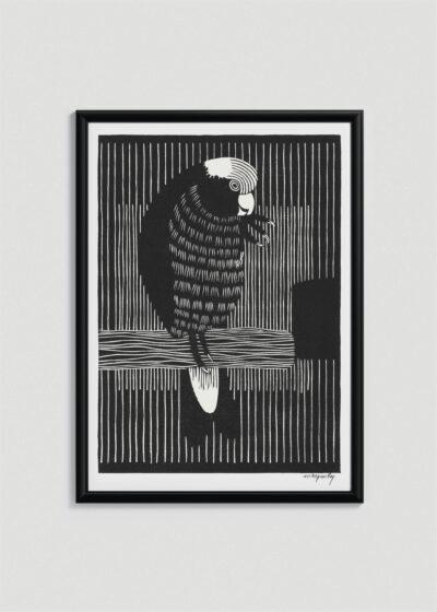 Plakat w drewnianej czarnej ramce: papuga drzeworyt Samuel de Mesquita czarno-biały