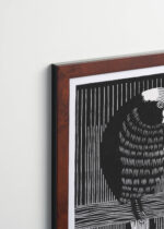 Plakat oprawiony w drewnianą brązową ramkę Vintage Italia: papuga drzeworyt Samuel de Mesquita czarno-biały