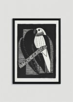 Plakat w drewnianej czarnej ramce: papuga drzeworyt Samuel Jessurun de Mesquita