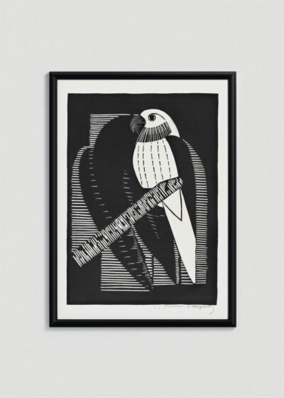 Plakat w drewnianej czarnej ramce: papuga drzeworyt Samuel Jessurun de Mesquita