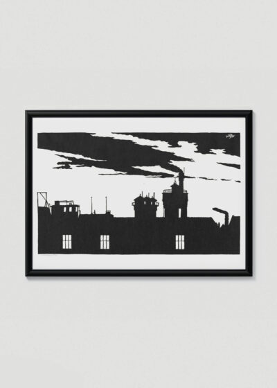 Plakat w drewnianej czarnej ramce: czarno-biały  industrialny Elektrownia gazowa w Amsterdamie