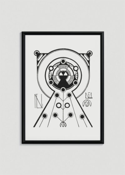 Plakat w drewnianej czarnej ramce: mandala 1910 Samuel Mesquita czarno-biały geometryczny