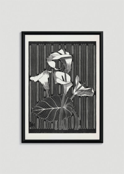 Plakat w drewnianej czarnej ramce: czarno-biały drzeworyt kwiaty Kalie Mesquita vintage