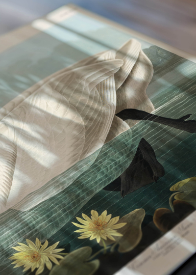 Zbliżenie na detale plakatu: Łabędź trąbiący American Swan John James Audubon ptaki Ameryki