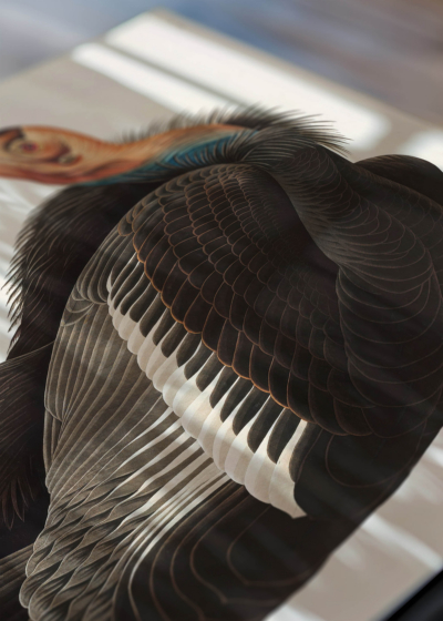 Widok z góry na cztery drewniane ramki, w jednej z nich oprawiony plakat Sęp Kondor kalifornijski John James Audubon Birds of America