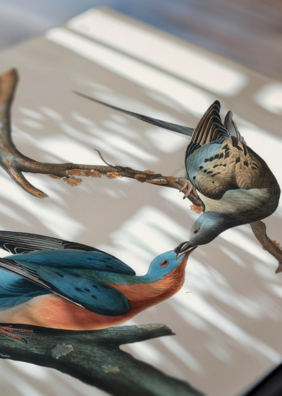 Widok z góry na cztery drewniane ramki, w jednej z nich oprawiony plakat Gołębie Wędrowne John James Audubon Birds of America
