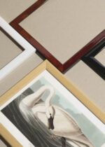 Widok z góry na cztery drewniane ramki, w jednej z nich oprawiony plakat Łabędź trębacz John James Audubon vintage