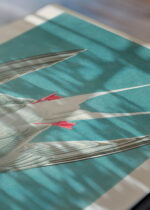 Widok z góry na cztery drewniane ramki, w jednej z nich oprawiony plakat Rybitwa popielata Audubon Birds of America