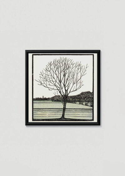 Plakat w drewnianej czarnej ramce: drzewo nad wodą Julie de Graag drzeworyt 1919