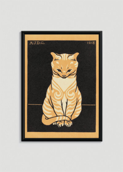 Plakat w drewnianej czarnej ramce: kot drzeworyt Julie de Graag 1918 vintage grafika