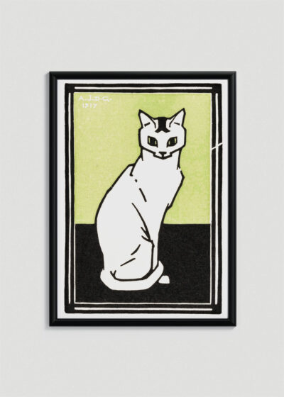 Plakat w drewnianej czarnej ramce: kot Julie de Graag 1917 grafika holenderska vintage