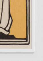 Zbliżenie na detale plakatu oprawionego w drewnianą białą ramkę od Plakatello®: minimalistyczny Kot Julie de Graag 1916 secesja vintage