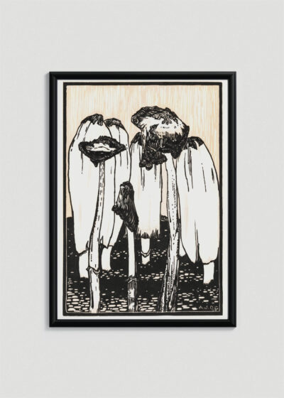 Plakat w drewnianej czarnej ramce: czarno-biały Grzyby 1915 Julie de Graag vintage