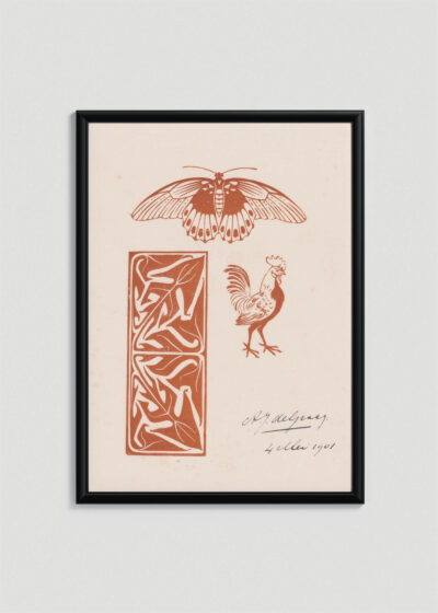 Plakat w drewnianej czarnej ramce: motyl kogut Julie de Graag vintage secesja art